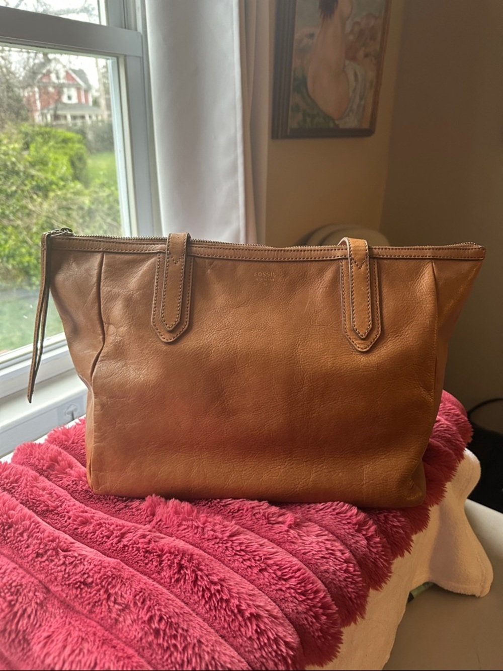 Fossil Tan Leather Zip-Top Tote